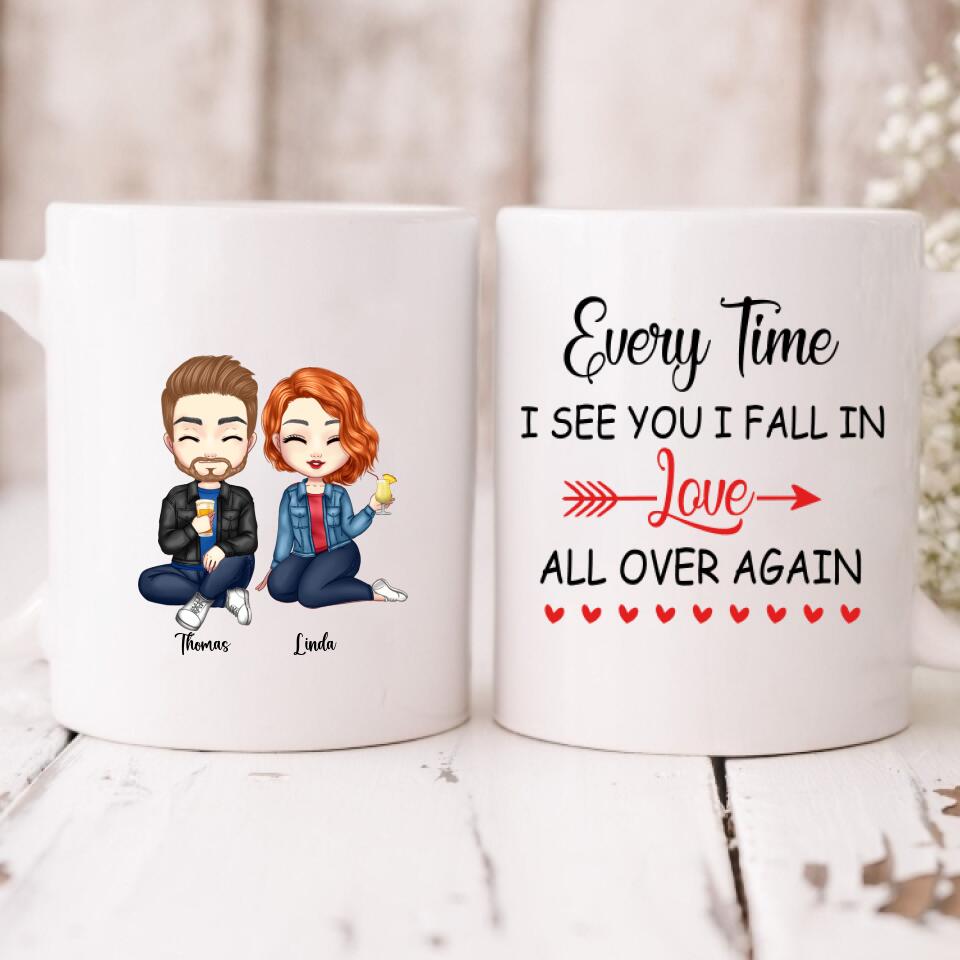 Cute Couple Chibi - " Every Time I See You I Fall In Love All Over Again " Personalized Mug - VIEN-CML-20220225-02