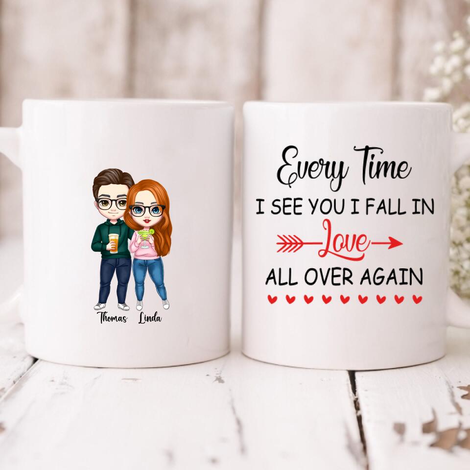 Couple Cute Chibi - " Every Time I See You I Fall In Love All Over Again " Personalized Mug - VIEN-CML-20220223-01