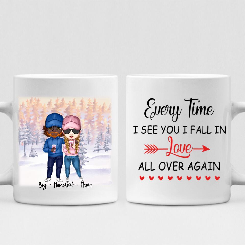 Cute Chibi Winter Couple - " Every Time I See You I Fall In Love All Over Again " Personalized Mug - NGUYEN-CML-20220112-03