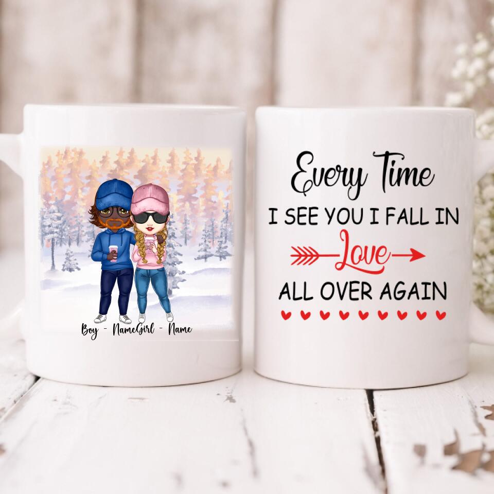 Cute Chibi Winter Couple - " Every Time I See You I Fall In Love All Over Again " Personalized Mug - NGUYEN-CML-20220112-03