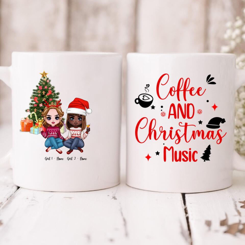 Christmas Besties Chibi Cute - " Coffee & Christmas Music " Personalized Mug - NGUYEN-CML-20220112-01