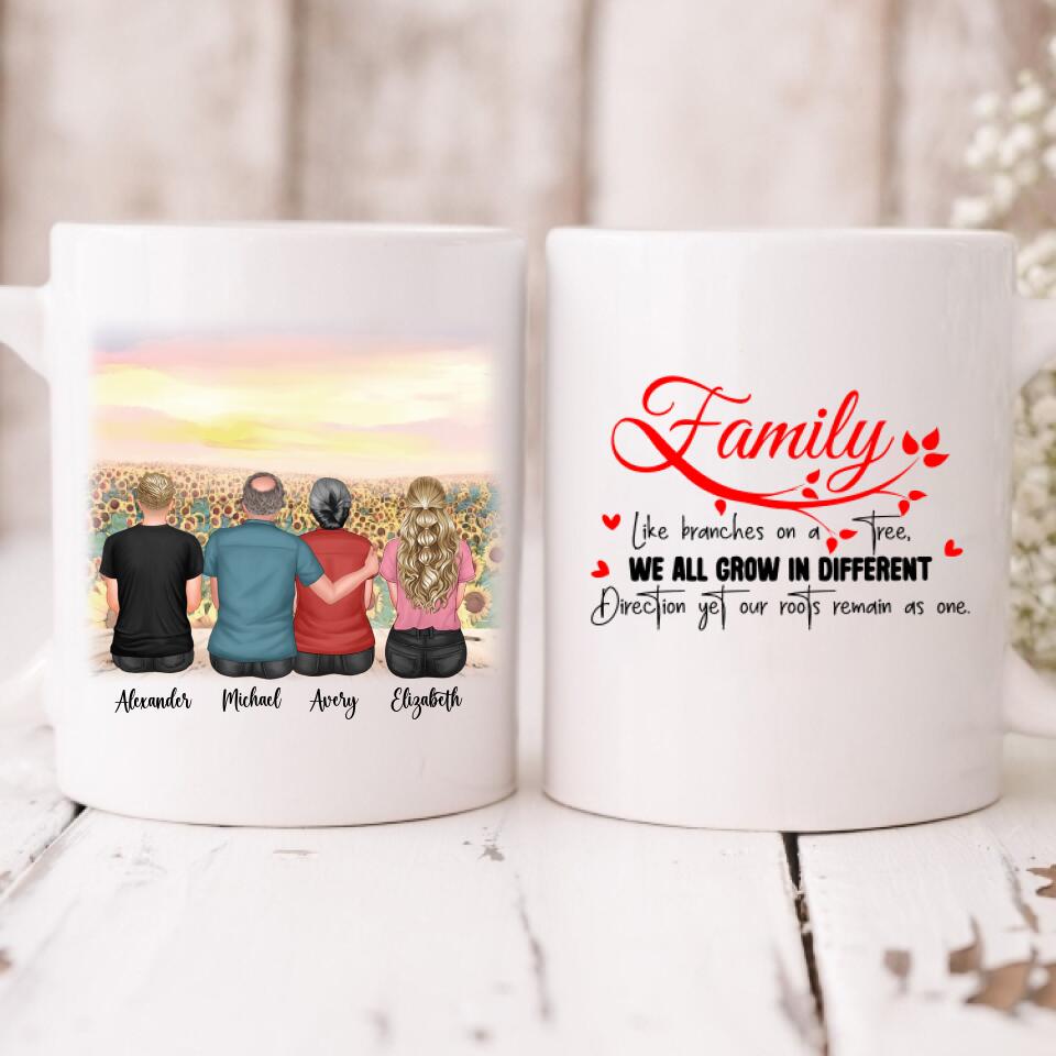 The Sunflower Family - " Family Like Branches On A Tree, We All Grow In Different Directions Yet Our Roots Remain As One " Personalized Mug - PHUOC-CML-20220218-02