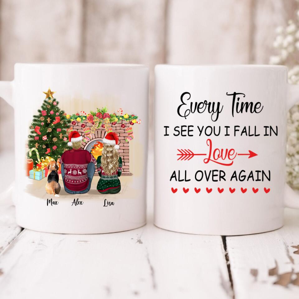 Christmas Couple With Dogs - "Every Time I See You I Fall In Love All Over Again" Personalized Mug - VIEN-CML-20220110-01
