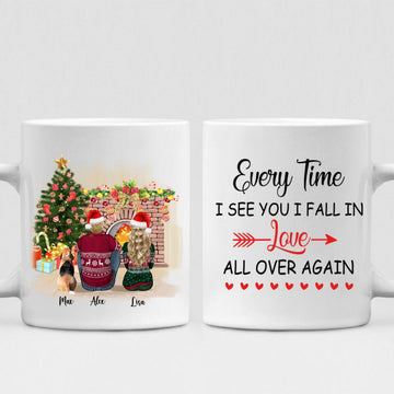 Christmas Couple With Dogs - "Every Time I See You I Fall In Love All Over Again" Personalized Mug - VIEN-CML-20220110-01